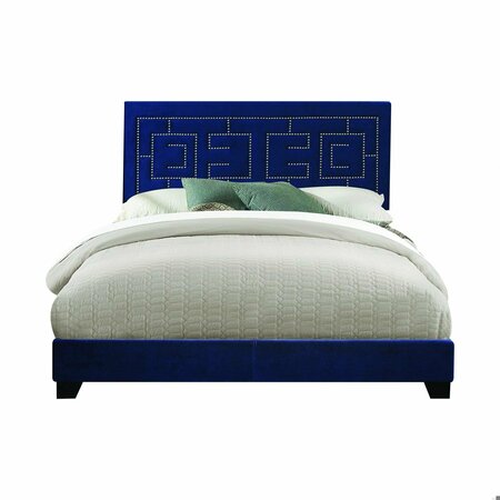 HOMEROOTS HomeRoots 347043 80 x 86 x 50 in. Dark Blue Velvet Upholstered Wood Leg Eastern King Bed 347043